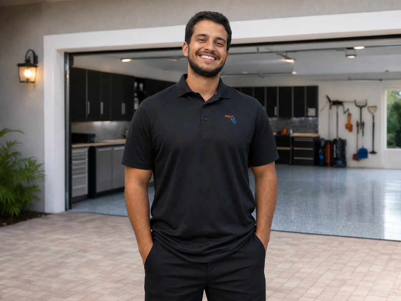 Owner João Luiz in front of a coated garage